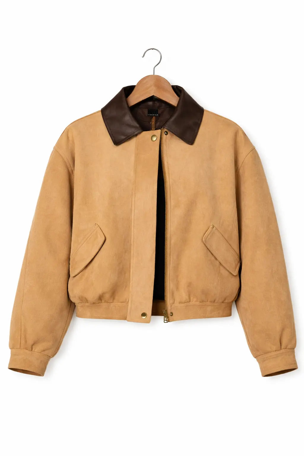 Veste Suédine Col Contrasté – Camel